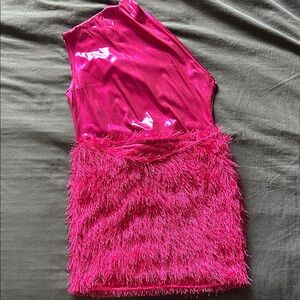 Hot Pink One-Shoulder Feather Trim Mini Dress